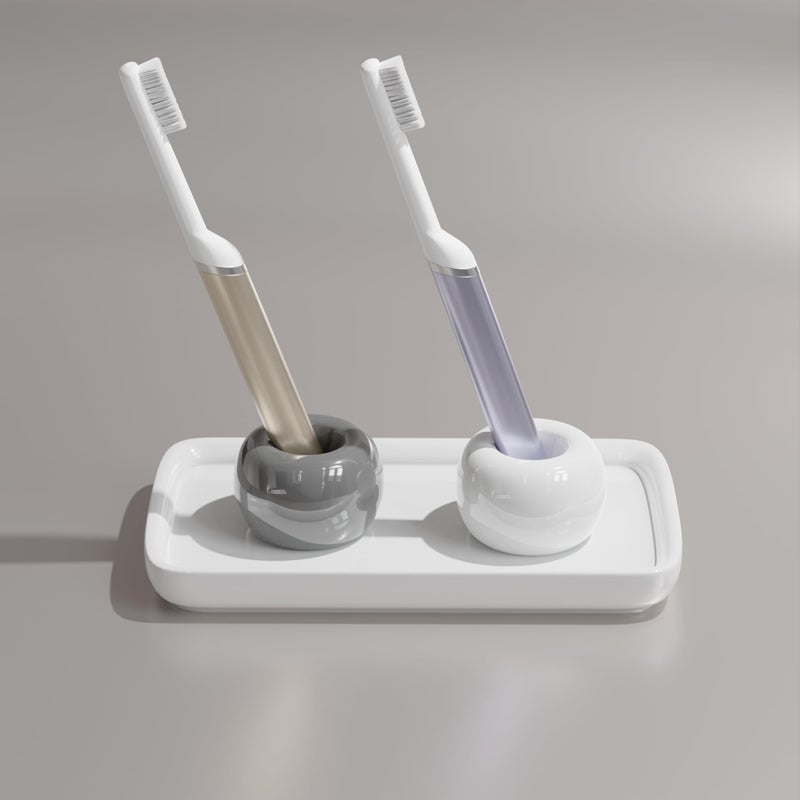 ELIKAI Ceramic Toothbrush Holder with Tray for Bathroom Countertop  Small Toothbrush Holder Stand with Toothpaste Holder  Standing Toothbrush Holder & Single Bathroom Toothbrush Organizer (Grey & White) - Image 5